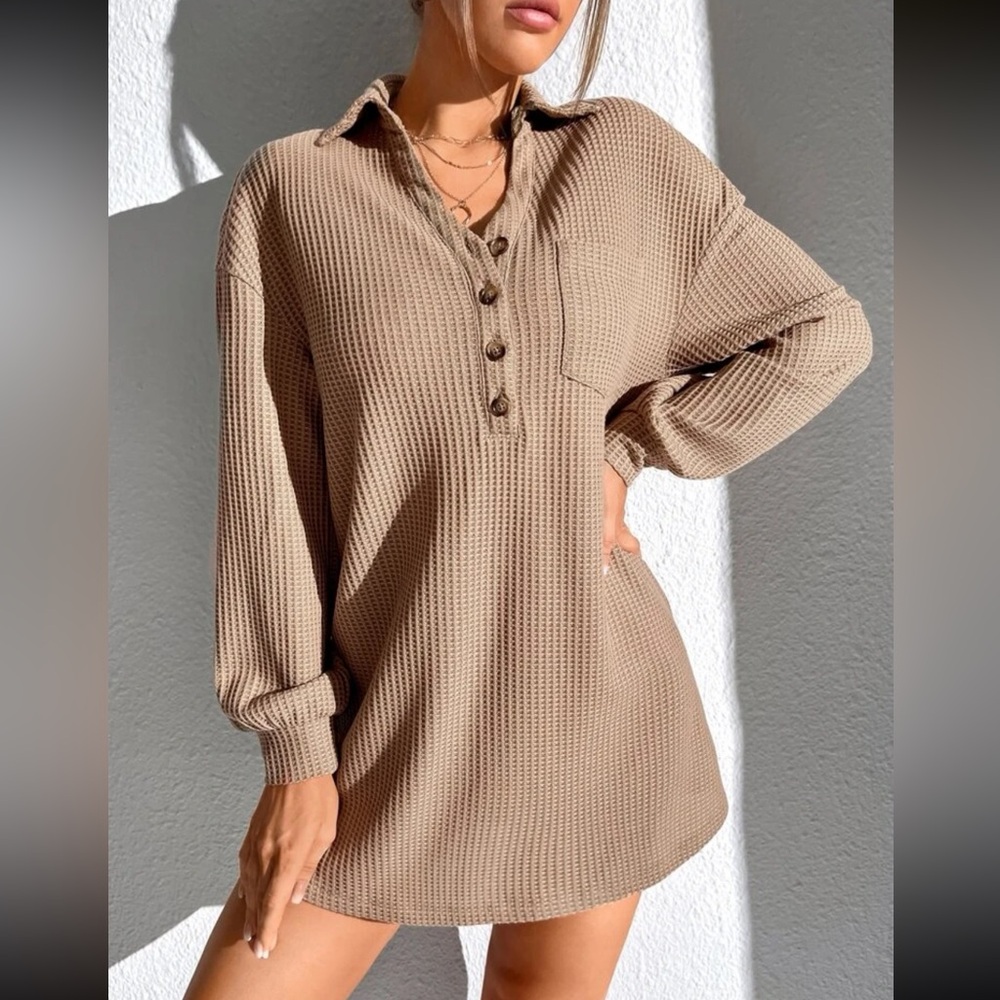 Shein Waffle Knit Patched Pocket Drop Shoulder Dress NWOT